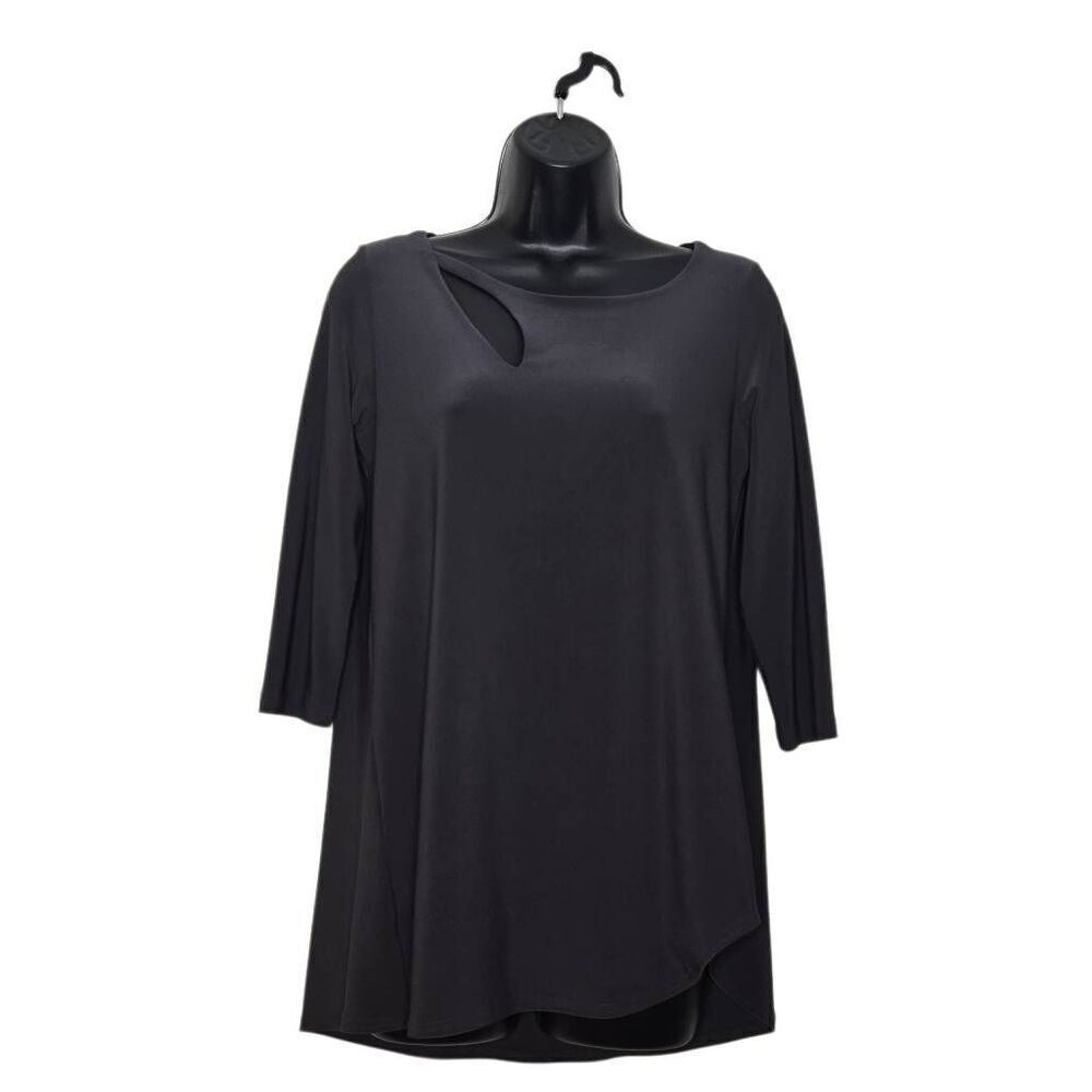 Sympli Tunic Top Women’s Size 6 Charcoal Cutout Neck 3/4 Sleeve Asymmetrical Hem